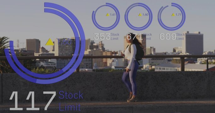 Walking woman in purple leggings carrying backpack cup on roof walkway railing with HUD, copy space