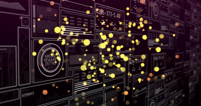 Displaying dashboard panels with readouts, receding right on virtual wall, with yellow bokeh