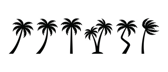 Naklejka premium Palm tree silhouette set, tropical island beach plants, black icon collection. Vector illustration of summer nature elements for graphic design projects, isolated on white background for travel themes
