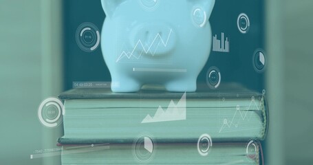 Naklejka premium Balancing white ceramic piggy bank showing coin slot on desk with book stack, financial overlays