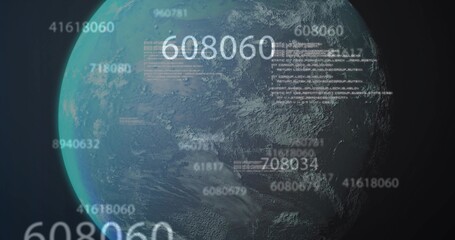 Fototapeta premium Displaying Earth-like globe with turquoise rim and streaming numeric data overlays in space