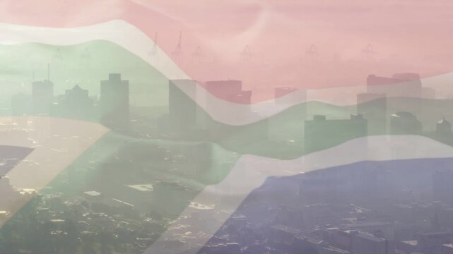 Translucent multicolor flag overlay rippling from wind pulse, revealing city skyline and pale oval