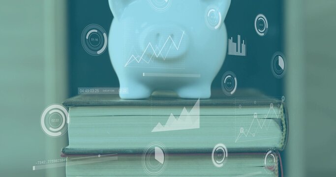 Balancing white ceramic piggy bank showing coin slot on desk with book stack, financial overlays