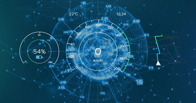 Displaying central HUD speedometer over glowing wireframe globe in dashboard, with battery 54%