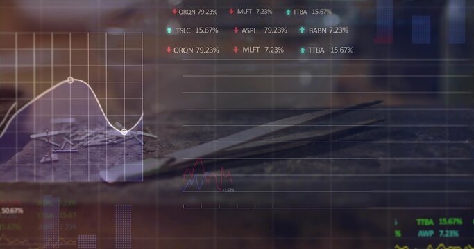 Displaying transparent HUD overlay showing boxed line chart on wooden workbench with nails, tool