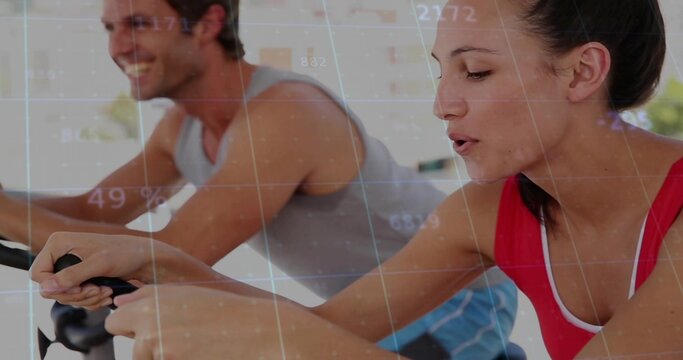 Cycling woman in red tank top leaning over exercise bike handlebars at gym, with metrics overlay