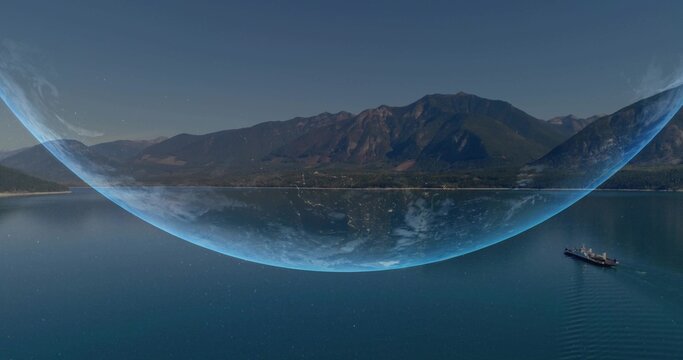 Spanning large blue dome crossing horizon at mountain coast, with cargo ship leaving V wake