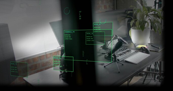 Displaying streaming desk at home by window with blinds, showing mic, mixer, keyboard, HUD overlay