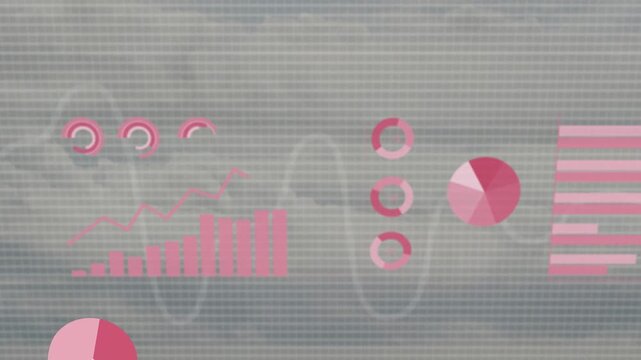 Small pink gauges appearing, charts rising and sliding, ring growing, rotating, analysing data