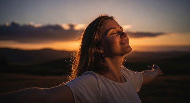Woman embracing sunset with open arms feeling freedom and joy.