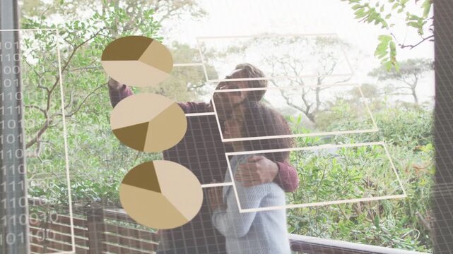 Man raising phone hugging partner on porch, AR charts layering over faces, enabling tech analysis