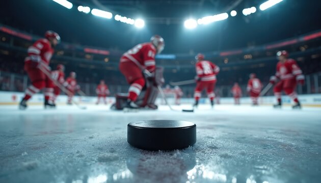 Ice hockey game in progress. Players in red uniforms skate on frozen rink. Goalie defends net. Puck sits on ice. Crowd watches match in stadium.