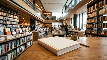 Obraz premium Quiet Modern Library Scene with Open Book and Coffee Cup on Desk