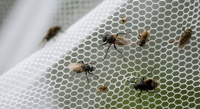 Flies sitting on white insect net. Household pest control and protection concept. Macro shot of common housefly trapped on screen, highlighting hygiene, sanitation and anti insect solution.