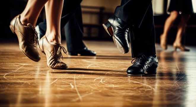Woman and man dancing tap on a wooden floor in a dance studio. Close up of feet performing rhythm steps. Professional performance, dance hobby and rhythmic movement art concept.