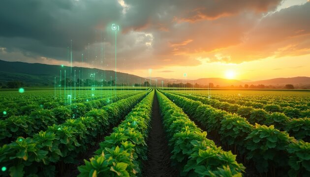 Rows of green plants in field at sunset. Digital data streams rise from crops. Smart tech monitors farm health. Agriculture innovates with global connectivity.