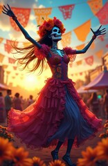 Fototapeta premium Skeleton woman dances with flower crown in colorful festive attire. Celebration with papel picado flags and onlookers. Autumn sunset light warms vibrant street scene.