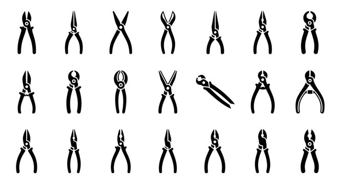 Pliers icons, plier tools, hand tools, black silhouettes, 20 piece vector set