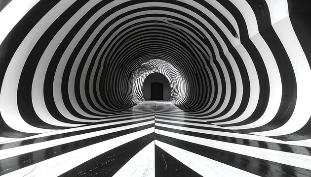 Surreal Black and White Tunnel with Optical Illusion Patterns.