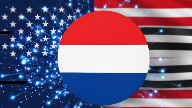 American flag with a bullet and a dutch flag in the background with black lines