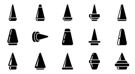 Black traffic cone icons, roadblock symbols, construction signs, warning markers © Super