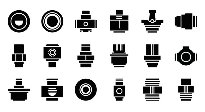 Black and white pipe fitting icons, plumbing symbols, 20 industrial connectors, vector graphics