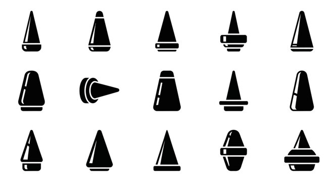 Black traffic cone icons, roadblock symbols, construction signs, warning markers