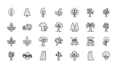 Fototapeta premium Minimal forest and tree outline icons set editable stroke woodland nature vector collection for eco design