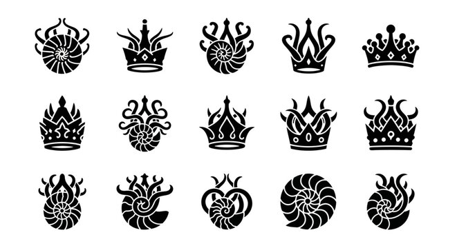 Black crowns, royal crowns, nautilus shells, vector icons, 16 symbols