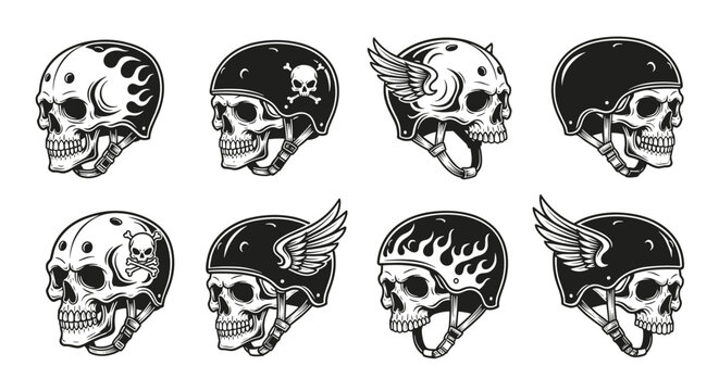 Vintage Biker Skull Helmets Set.