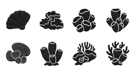 Black coral reef icons, coral reef vector graphics, ocean coral illustrations, marine life symbols © Super