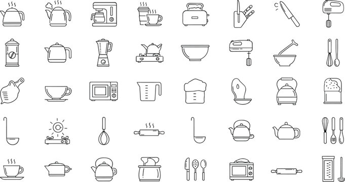 Kitchen appliances cooking utensils line icons vector set cookware kettle toaster mixer outline symbols collection