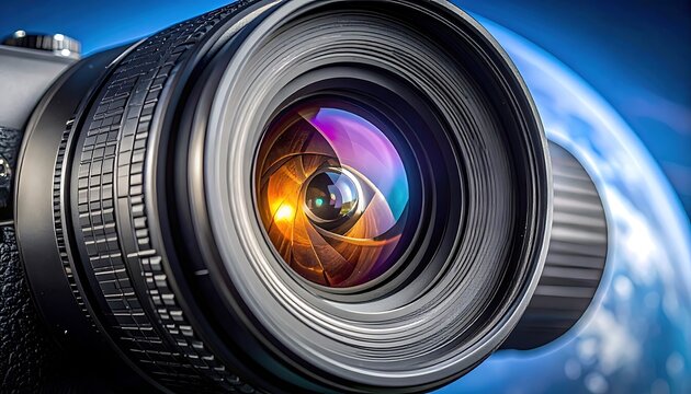 Camera lens with planet background closeup.