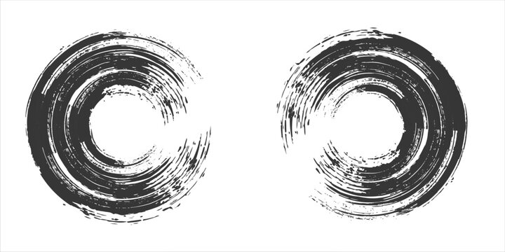 Vector illustration of three grunge ink circles in abstract brush stroke style with textured splatter, Japanese zen enso inspired design for minimalism, meditation and modern art themes