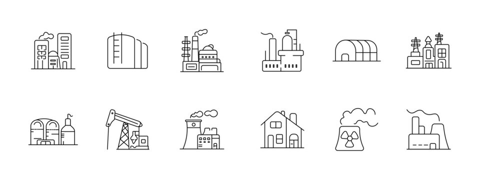 Industry factory energy set icon. Buildings tanks plant refinery hangar station oil pump cooling house radiation facility depict production power industrial