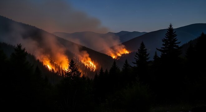 Wildfire burning on mountain side at dusk.