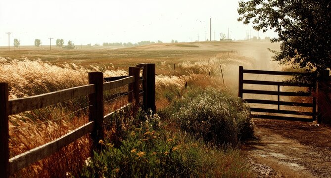 Rustic countryside scene with wooden fence and open gate