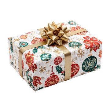 The rectangular box for a laptop. It is wrapped in Christmas gift paper with Christmas decorations. gift bow. white or transparent  background