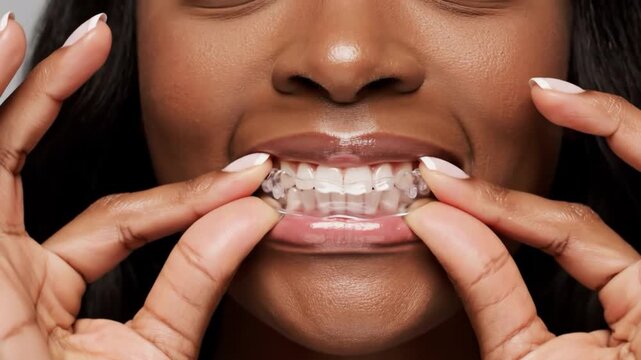 A woman putting in her clear aligners for teeth straightening
