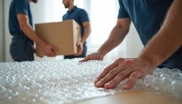 Movers pack boxes with bubble wrap. Team works carefully to protect items during house move. Workers transport belongings safely to new home.