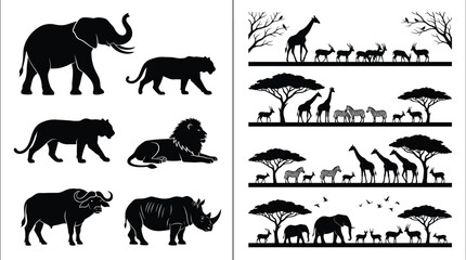 African wildlife silhouette set featuring elephant, lion, giraffe, zebra and savanna landscape scenes with trees and animals in black style © MDSHAHIDUL