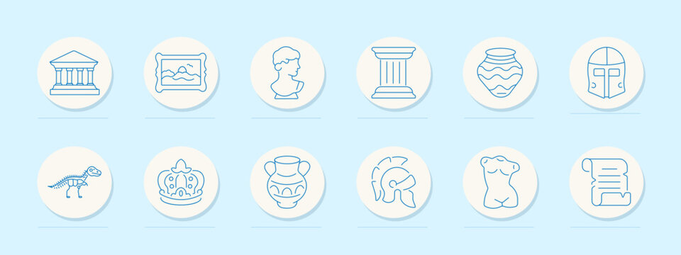 Museum artifacts set icon. Linear pack with courthouse facade, framed artwork, bust statue, column base, ceramic vase, folding screen, dinosaur skeleton, royal crown, tribal mask, broken sculpture