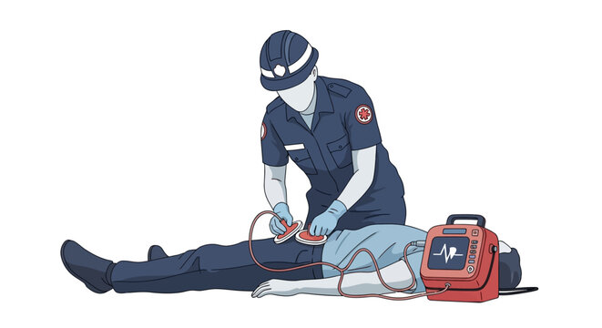 An illustration depicts a paramedic in a navy uniform using a defibrillator on a patient lying on the ground, showing a critical medical intervention with a clean, bright background