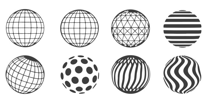 Set of eight abstract spheres with geometric patterns and lines in black and white