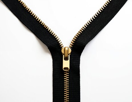 Close-up macro shot of black zipper with gold teeth and pull tab against white background. Fabric detail, accessory for garment, clothing fashion element.