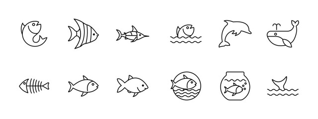 Marine life set icon. Fish, angelfish, marlin, ocean wave, dolphin, whale, skeleton, aquarium bowl, tail fin, underwater fauna, sea animals. © Кирилл Макаров