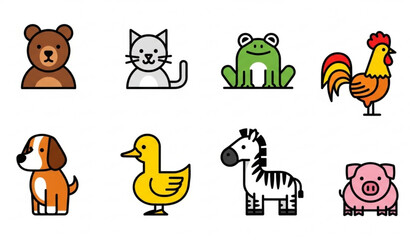 Naklejka premium Animal icon set with bear cat frog dog duck rooster zebra and pig in simple flat cartoon style