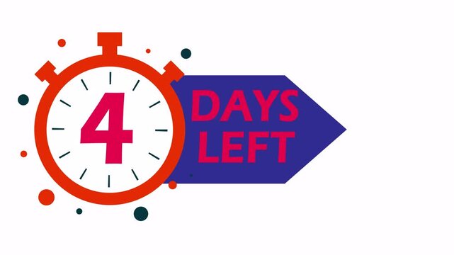 4 Days Left. 4 day to go, Countdown Timer. Alpha channel PNG codec transparent background. Deadline Reminder Animation. Number of days left until special events. Streamlabs OBS Overlay