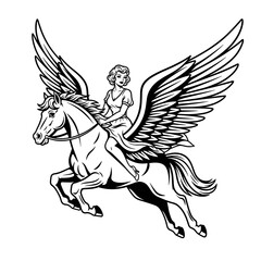 Fototapeta premium Vintage Woman Riding Majestic Pegasus Flying Through Sky.