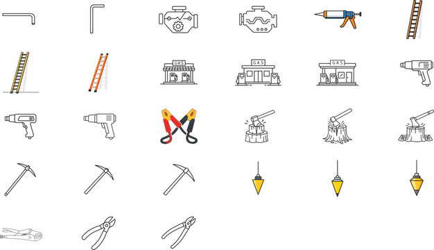 27 Minimalist Vector Icon Set of Tools and Hardware, Featuring Editable Stroke Line Art for Construction, Automotive, DIY, and Forestry. Includes Ladder, Engine, Pickaxe, Heat Gun, and Pliers.